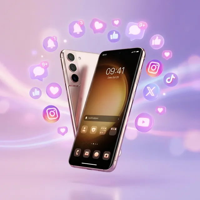 Social media management: a phone surrounded by likes, comments and social app icons